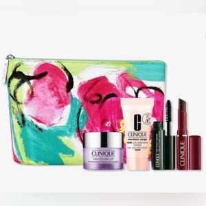 Clinique gift set. 5 piece Clinique skincare, makeup, and makeup pouch.